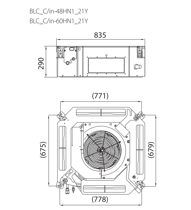 Размеры внутреннего блока кассетной сплит-системы BALLU BLC_C-48HN1_21Y