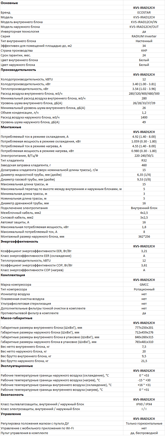 Технические характеристики Ecostar KVS-IRAD12CH