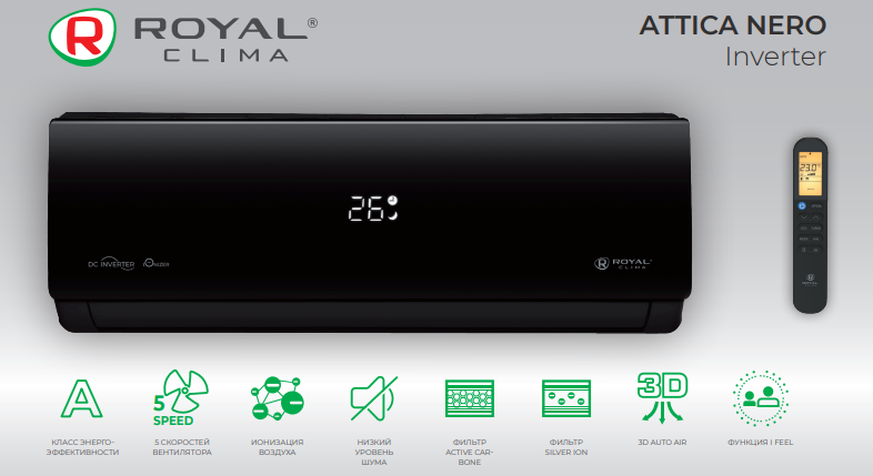 Функции и режимы сплит-систем Royal Clima серии ATTICA NERO Inverter