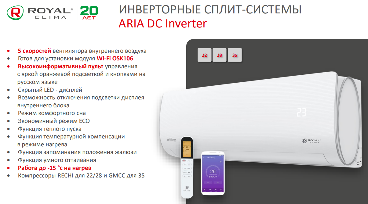 Функции и режимы сплит-систем Royal Clima серии ARIA DC Inverter