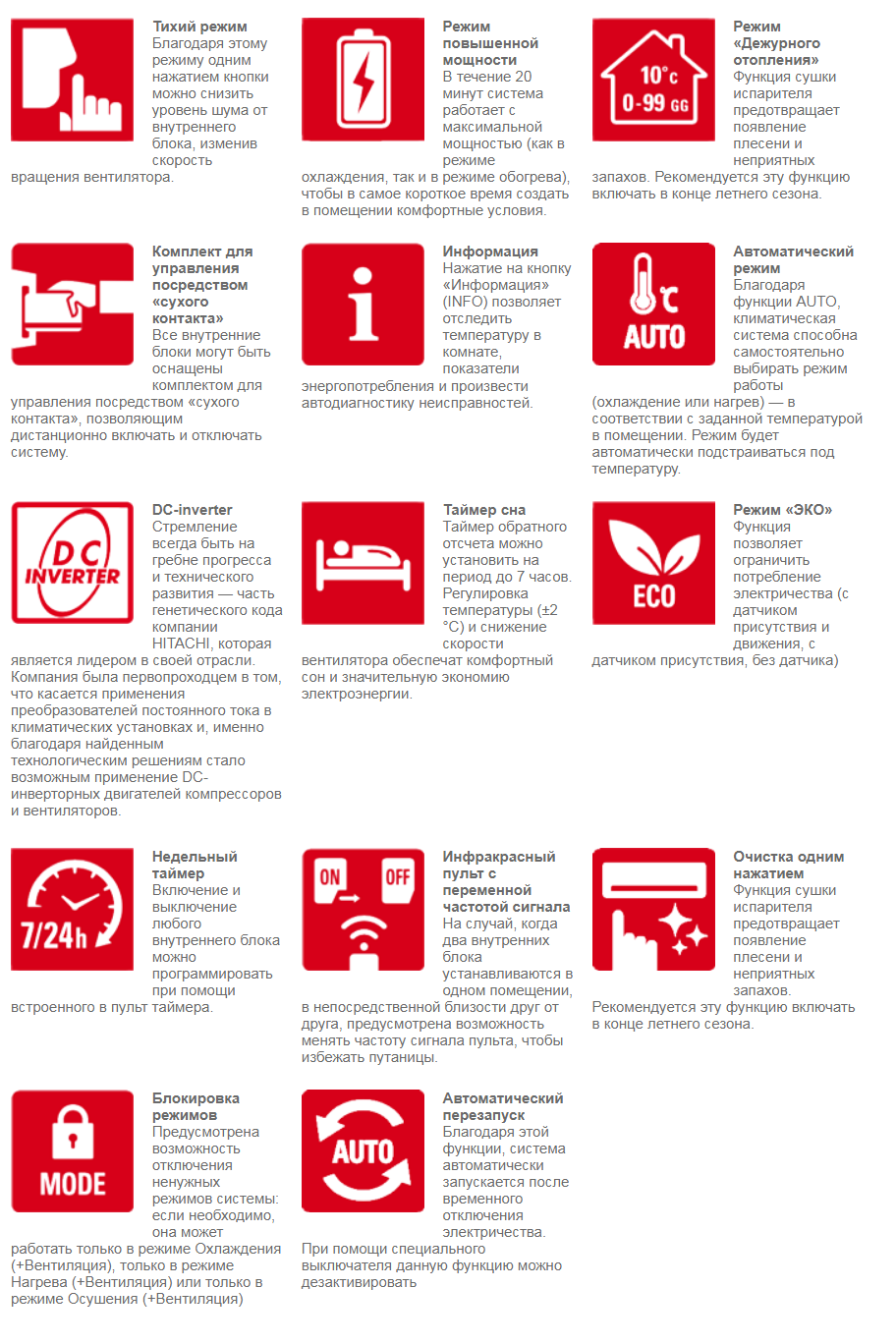 Внутренние блоки канального типа мульти-сплит систем Hitachi MULTIZONE PREMIUM Серия MULTIZONE PREMIUM – внутренние блоки канального типа для мультисплит-систем Hitachi Multizone Premium представлены 4-я средненапорными моделями с регулируемым внешним статическим напором (до 69 Па). Блоки в стандартной комплектации снабжены встроенным дренажным насосом.  В серию внутринних блоков канального типа Hitachi мульти-сплит систем MULTIZONE PREMIUM входит 4 модели:  Hitachi RAD-18QPB – до 18 м² Hitachi RAD-25QPB – до 25 м² Hitachi RAD-35QPB – до 35 м² Hitachi RAD-50QPB – до 50 м² Основные преимущества  внутринних блоков канального типа Hitachi Канальные внутренние блоки RAD-QPB предназначены для использования в составе мультисплит-систем. Они могут применяться как в жилых помещениях, так и на объектах коммерческого назначения. Изделия отличаются одним из самых высоких показателей производительности на рынке, высокая мощность нагрева (даже при температуре -7°C. В новых канальных внутренних блоках RAD также предусмотрена возможность регулировки внешнего статического давления в 2-х режимах: стандартном и высоком (от 0 до 40 Па и от 40 до 70 Па, соответственно). Система Vector Control – запатентованная компанией Hitachi, оптимизирует работу компрессоров наружных блоков, а технология Hibernate, в свою очередь, позволяет уменьшить потребление энергии в режиме ожидания более чем на 70%.  Функции и режимы внутринних блоков канального типа Hitachi