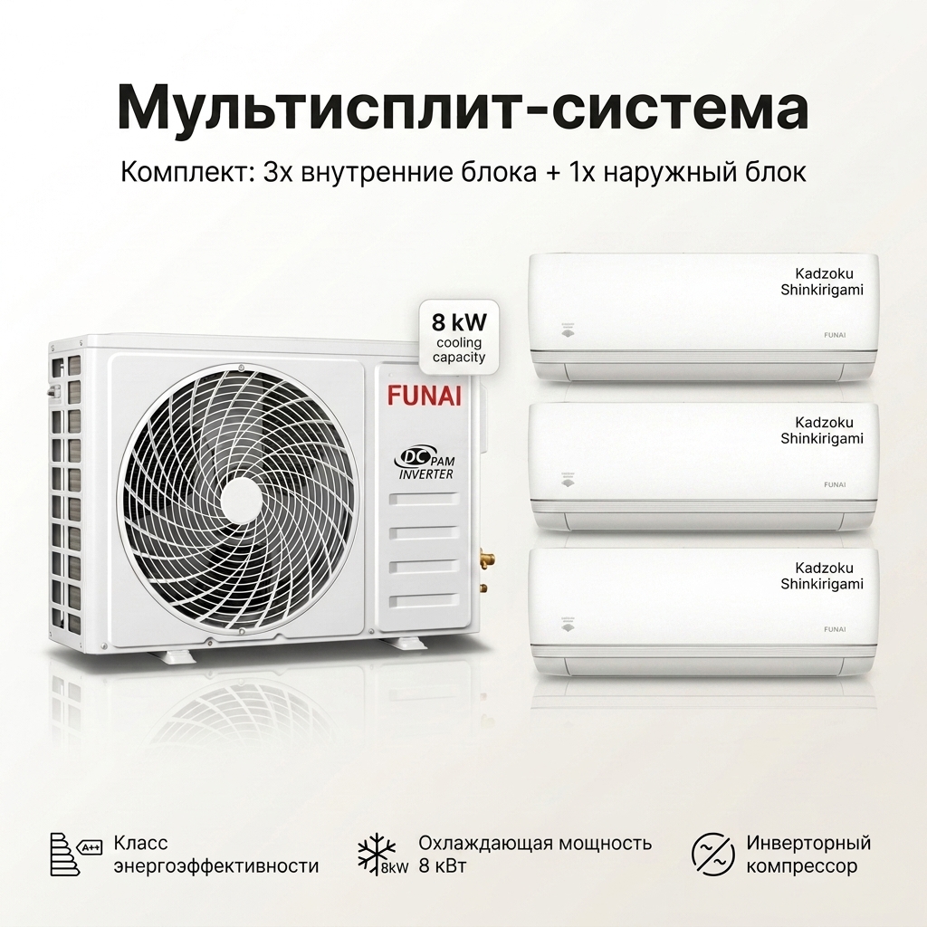 Комплект мультисплит-системы Funai Kadzoku Shinkirigami Wi-Fi RAM-I-KD30HP.W02/S × 3 шт. + RAM-I-2SKG80HP.02/U