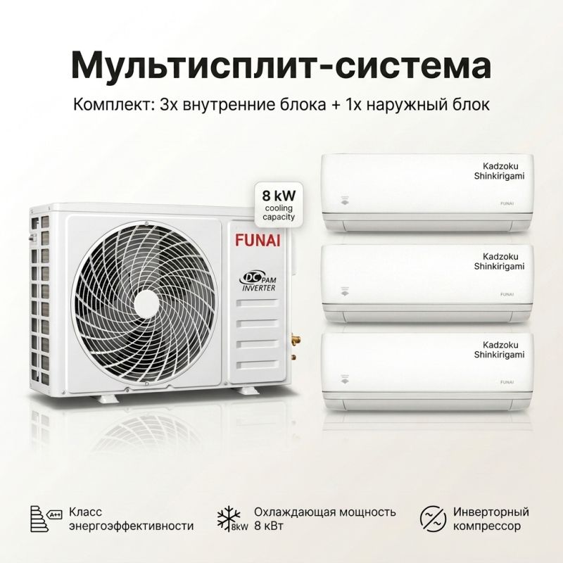 Комплект мультисплит-системы Funai Kadzoku Shinkirigami Wi-Fi RAM-I-KD30HP.W02/S × 3 шт. + RAM-I-2SKG80HP.02/U